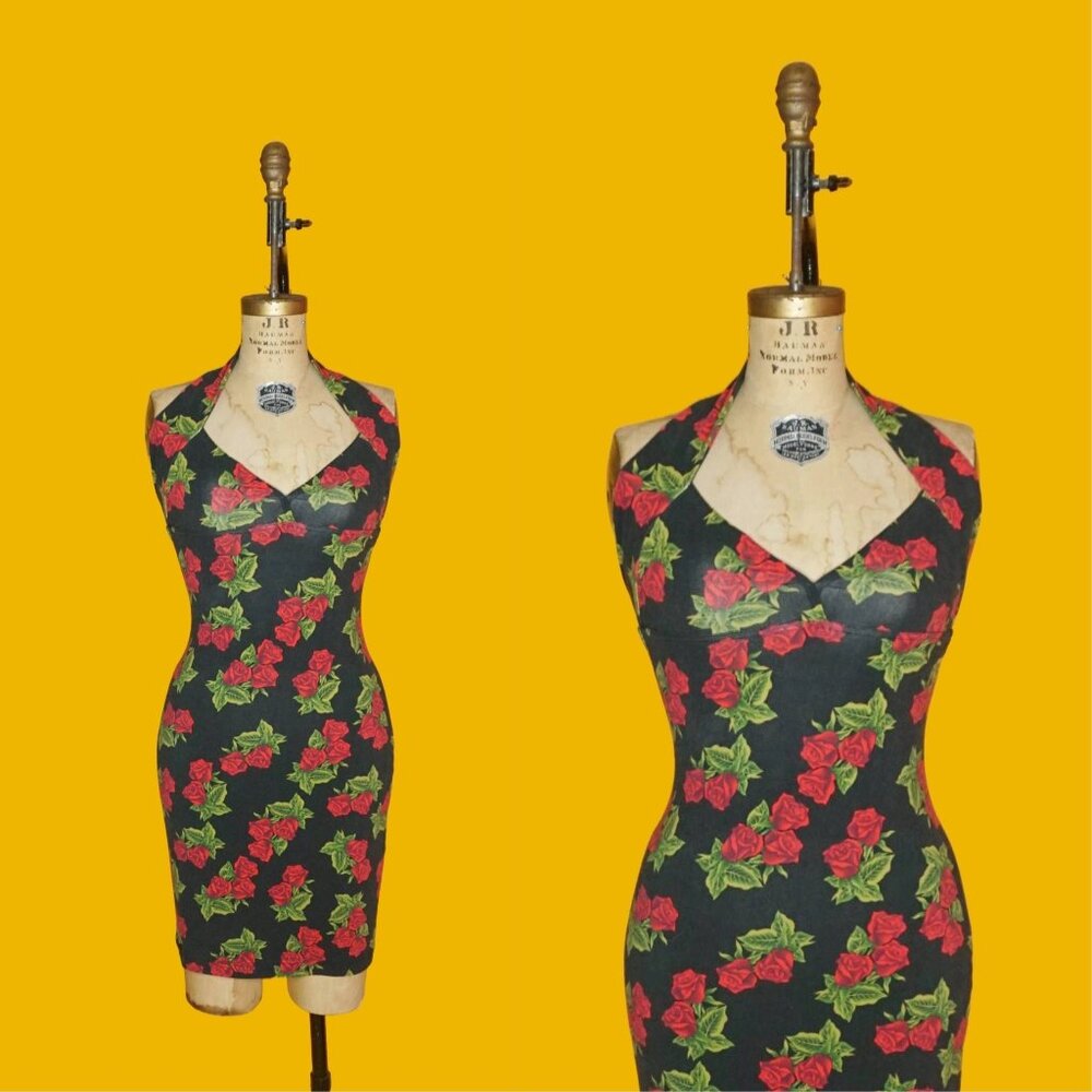 1980s Vintage BETSEY JOHNSON PUNK Face Label Sexy Bodycon Form Fitting Rose Flor